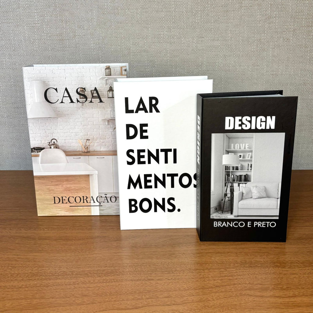 Kit com 3 caixas livro, modelo 'Casa'