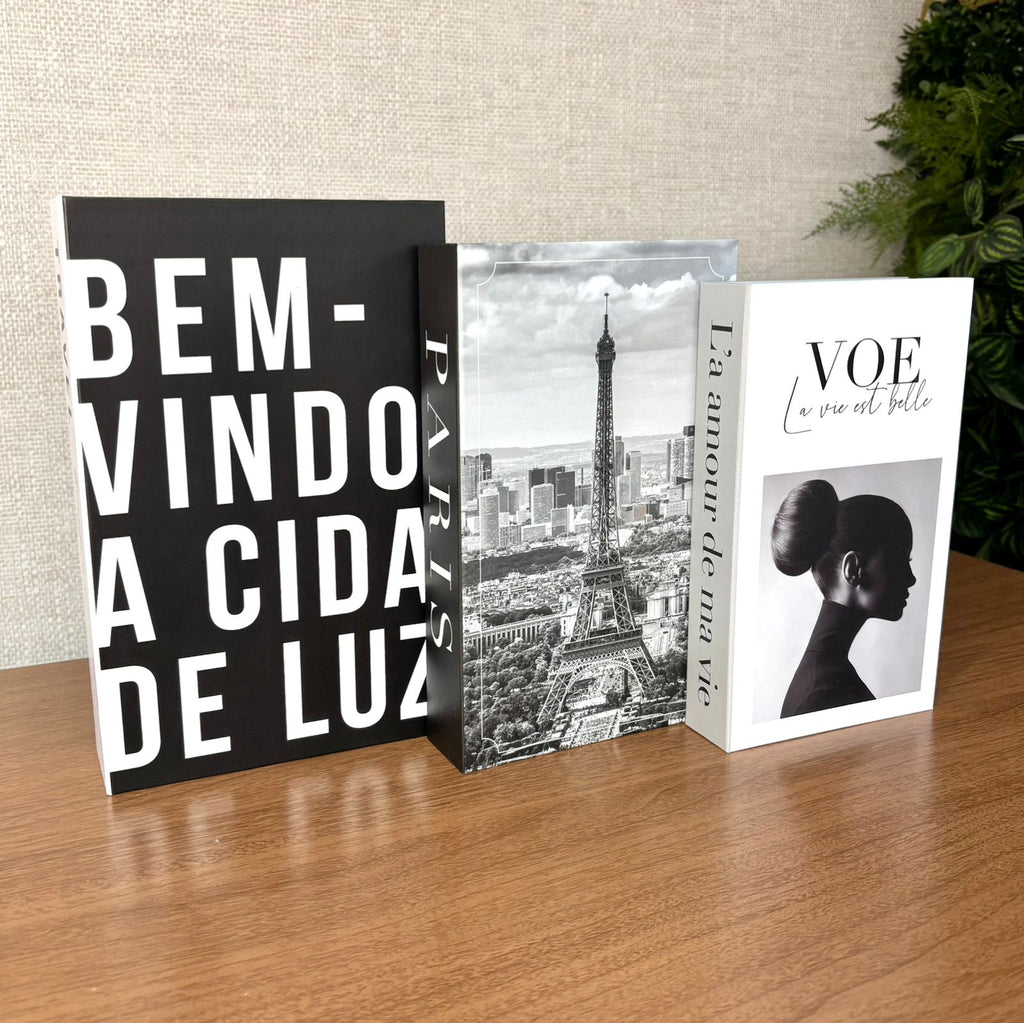 Kit com 3 caixas livro, modelo 'Travel'