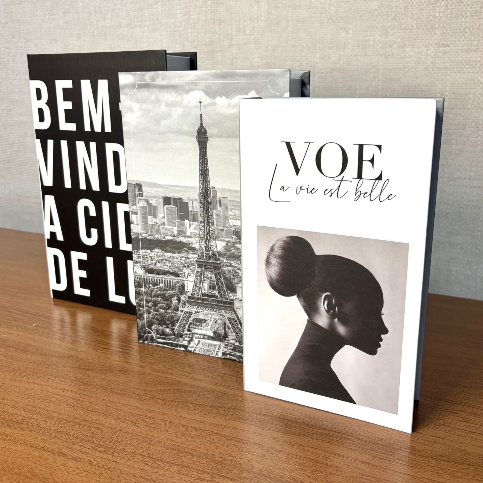 Kit com 3 caixas livro, modelo 'Travel'