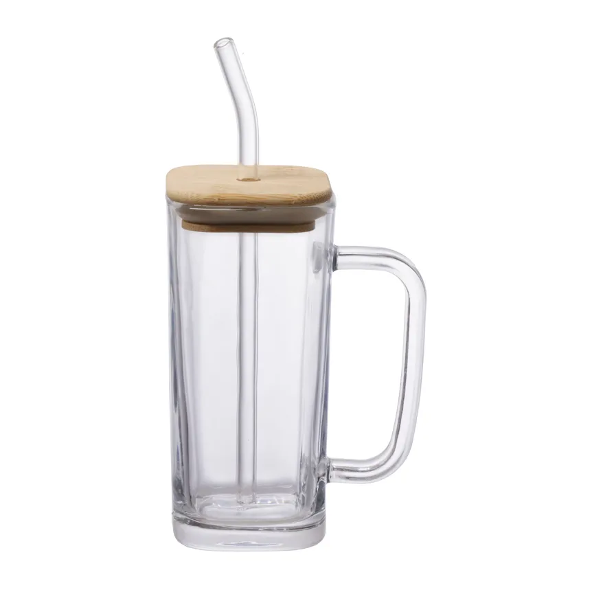 Caneca vidro com tampa e canudo