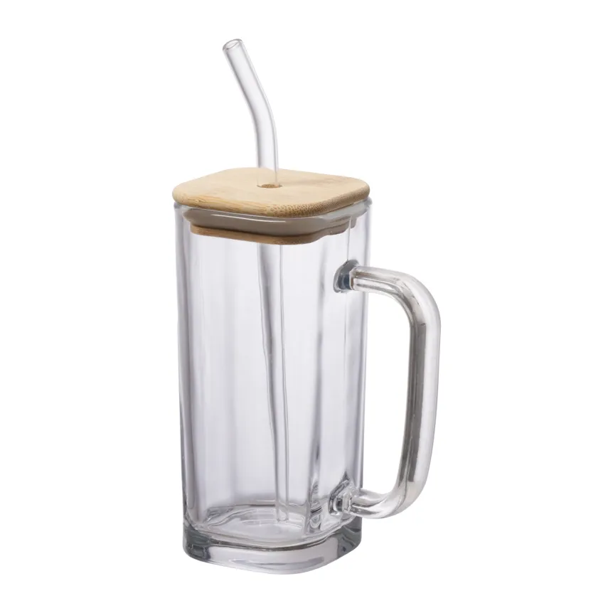 Caneca vidro com tampa e canudo
